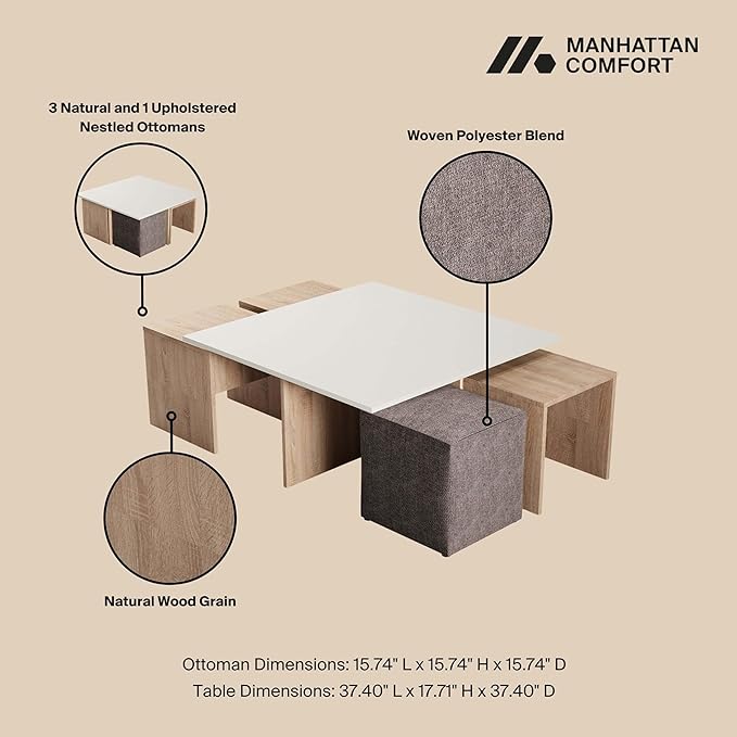 Manhattan Comfort Haley Mid Century Modern Coffee Table & Ottoman Set with Nested Design for Small Spaces, Versatile Living Room Furniture, Accent Decor, Natural and Nude