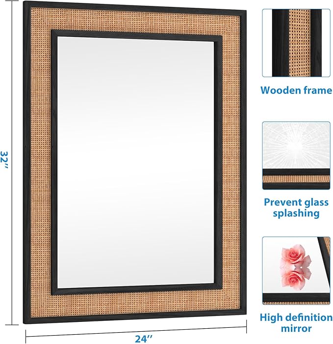 Rattan Wall Mirror with Wooden Framed 24 X 32 inch Farmhouse Rectangle Wood Mirror for Modern Decorative Bathroom, Living Room, Entryway, Bedroom (Black)