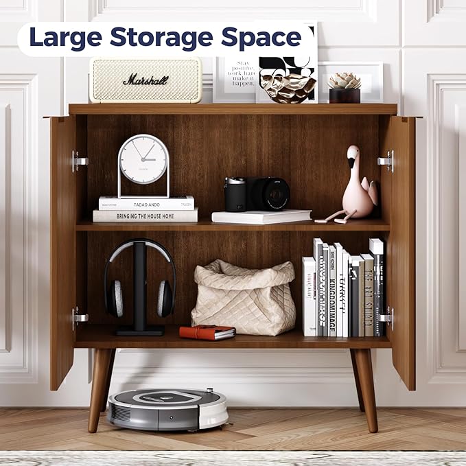 Fluted Buffet Cabinet – Modern Wood Sideboard with 2-Doors & Shelves, Multifunctional Storage Cabinet & Credenzas for Entryway, Dining & Living Room, Walnut