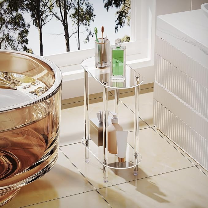 Clear Acrylic Narrow Side Table for Small Spaces, 15.75" L x 7.87" W x 19.82" H, 2 Tier Oval Slim End Table Nightstand, Small Skinny Bedside Table for Bedroom, Bathroom, Living Room