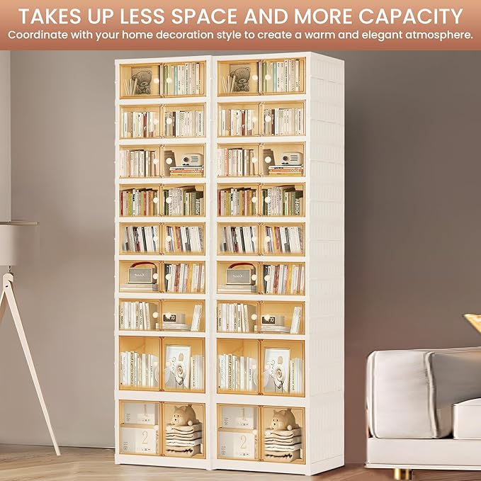 Foldable Shoe Organizer Storage Box, Portable Extra Large Folding Shoe Rack for Closet, Shoe Storage Box with Magnetic Transparent Door and Wheels, 9 Layers 18 Grids with 4 Big Grids for 2 PCS