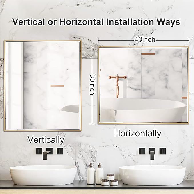 30x40 Inch Gold Mirror with Beveled Trim, Aluminum Frame Bathroom Vanity Mirror, Copper-Free Mirror, Rectangle Wall Mounted Mirror, Modern Rectangular Mirror Horizontal or Vertical