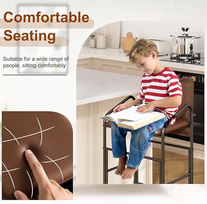 GILLAS Set of 2 Bar Stools with Backrest and Armrest, 36.2" PU Leather Counter Height Stools, Industrial Bar Chairs for Kitchen Island, Home Bar, Brown