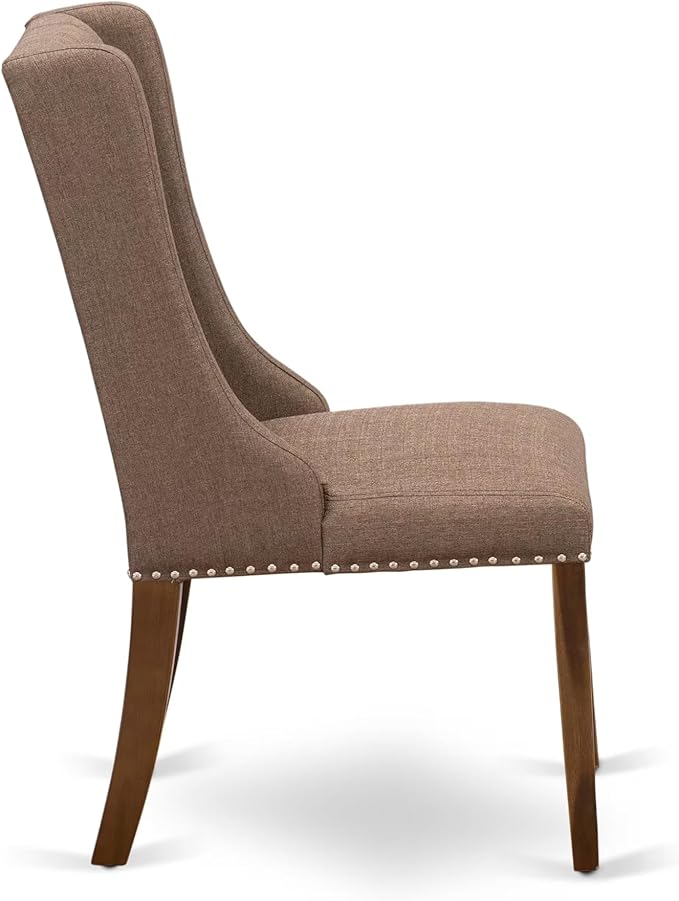 F7FO7-50N-18 - 7-Piece Dining Room Set Contains A Kitchen Table and 6 Brown Polyester Fabric Parsons Chairs with Button Tufted Back, Antique Walnut
