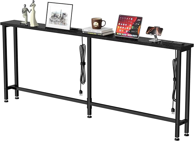 GRLEAF 78" Sofa Table with Built-in Power Strip (4 AC Outlets & 4 USB Ports) – 4.9ft Power Cord, Metal Frame, Easy Assembly, Long Couch Table Behind Sofa, Hallway, Living Room and Home Office | Black
