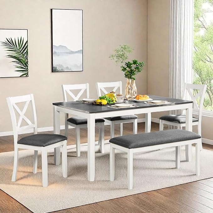 Dining Table Set for 5, 6-Piece Kitchen Table & Chairs Set with Rectangular Table, Bench & 4 Upholstered Chairs, 58.5'' Dinner Set with Wood Legs & X-Shaped Backrest for Kitchen, White&Gray