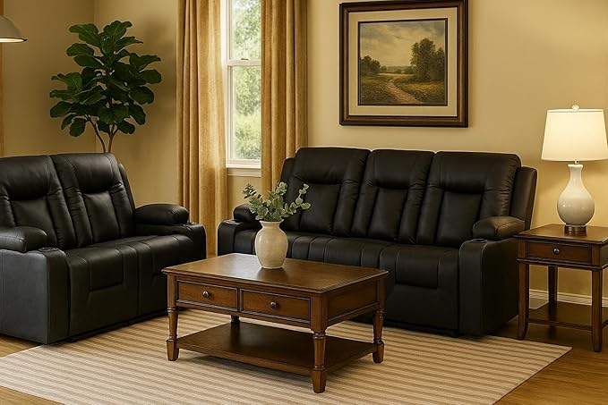 LUCKLIFE Leather Recliner Sofa Set with Manual Recliners,Living Room Furniture Set with Reclining Couch,Loveseat and Armchair,Living Room Chair with Cup Holders,Black (3+2)