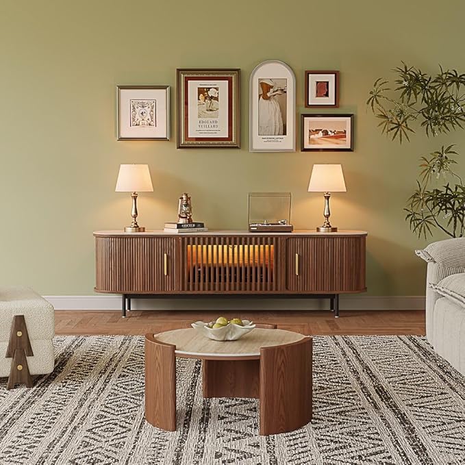 POVISON Fully-Assembled Mid Century Modern Black TV Stand with White Matte Travertine Stone Tabletop & LED Lights, Rolling Door Media Console, Wood TV Console for Living Room