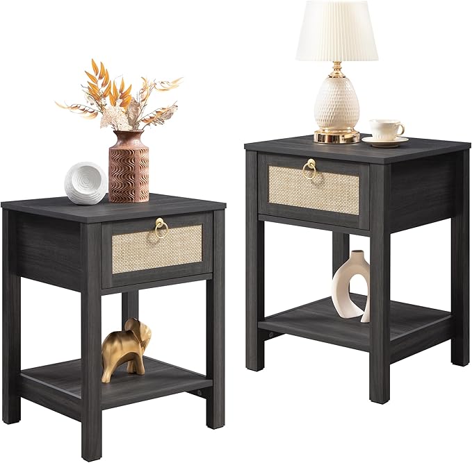 SICOTAS Rattan Nightstand Set of 2, Rattan Decor Drawer with Brass Knobs Night Stand Bedside Table Boho End Tables Side Tables with Storage Shelf for Bedroom,Small Space