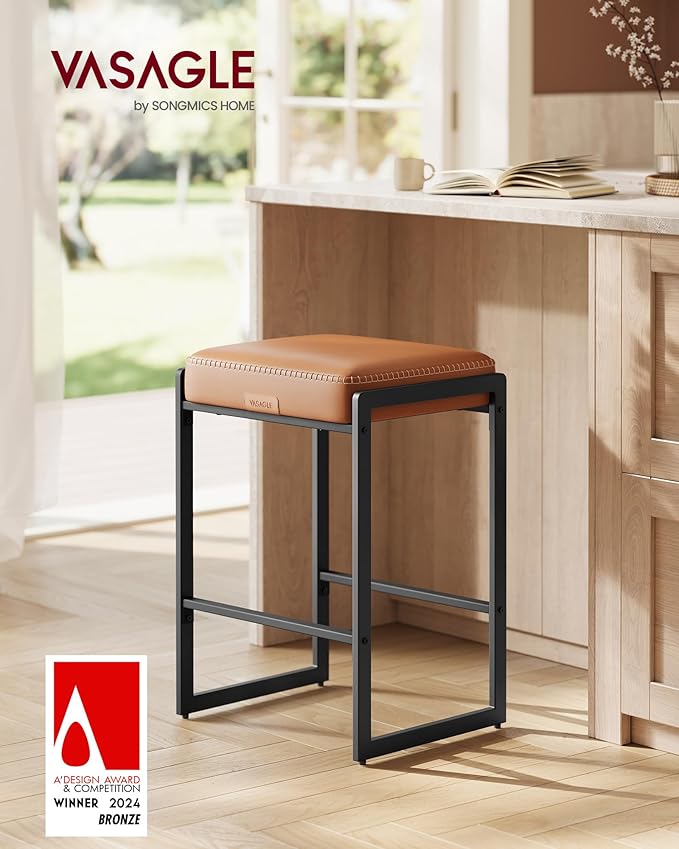 VASAGLE EKHO Collection - Bar Stool, Counter Height Bar Stool, Synthetic Leather with Stitching, Mid-Century Modern Counter Barstool, 26-Inch Tall, Kichen Home Bar Dining Room, Caramel Brown