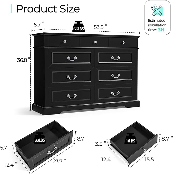 LINSY HOME 9 Drawers Dresser for Bedroom, 54" Wide Wooden Storage Chest with Antique Handles, Modern Farmhouse Large Dresser TV Stand, Chest of Drawers for Closet, Living Room, Hallway, Black