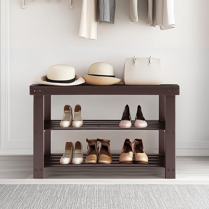 Sweetcrispy Shoe Rack Bench, 3-Tier Bamboo Entryway Storage Organizer, 286lb Capacity, Shoes Stand for FrontDoor Entrance, Bedroom, Living Room, Bathroom, Balcony, 11.3 x 27.6 x 17.8 Inches, Brown