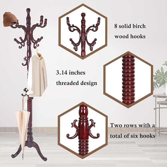 Coat Rack Stand, Solid Wooden Coat Tree with 14 Hooks, Heavy Duty Coat Rack Freestanding with Sturdy Round Base, Natural Birch Wood Coat Hanger Stand for Entryway Bedroom (Triangle Redwood)