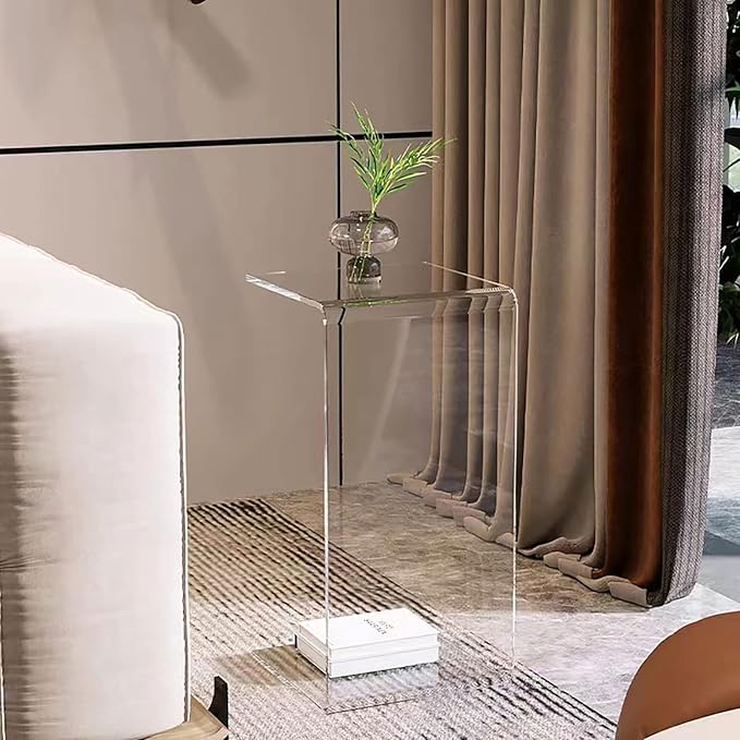 Acrylic End Table, 26 Inch Tall Side Table Acrylic C Shape Modern Clear Side Couch Table Slides Under Couch