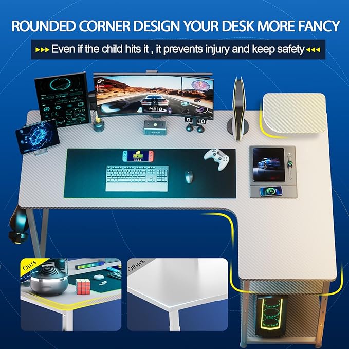 GTRACING Gaming Desk L Shaped Desk Carbon Fiber Style Computer Desks Compatible with Monitor Arm Storage Shelves Corner Desk Gaming Table for Home Office Desks Easy to Assemble Adjustable Shelf Height