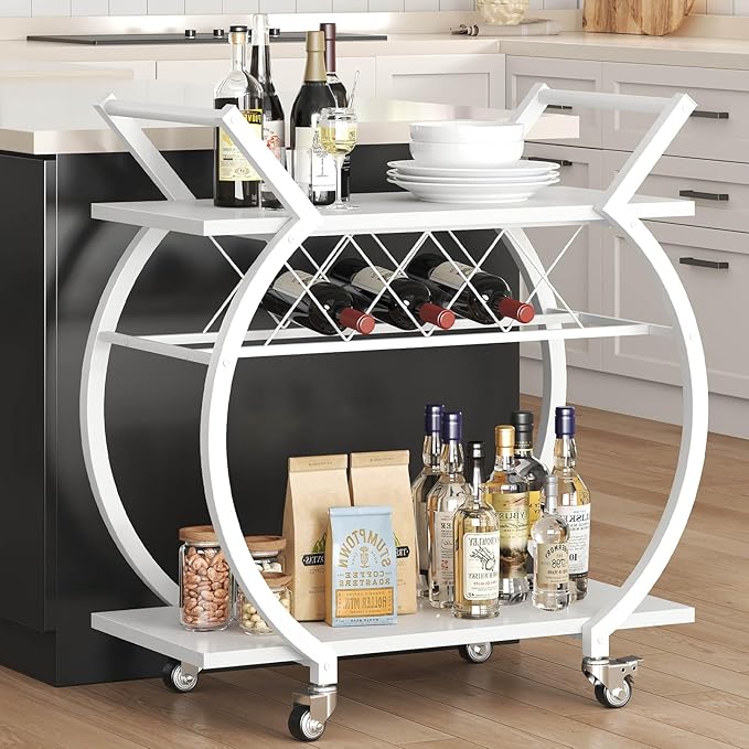 LVB White Bar Cart, Modern Rolling Serving Wine Cart with Storage, Industrial Wood Metal Kicthen Island Beverage Cart with Wheels, Microwave Drink Liquor Cart Table for Home Dining Living, White Oak
