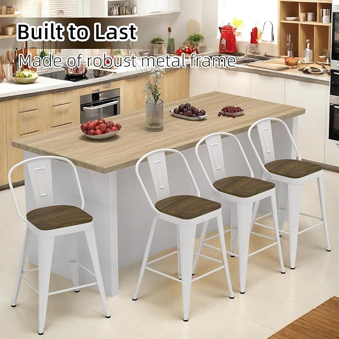 Metal Bar Stools Set of 4, High Back Bar Stools with Wooden Seat, 30 inch White Barstools for Kitchen Island