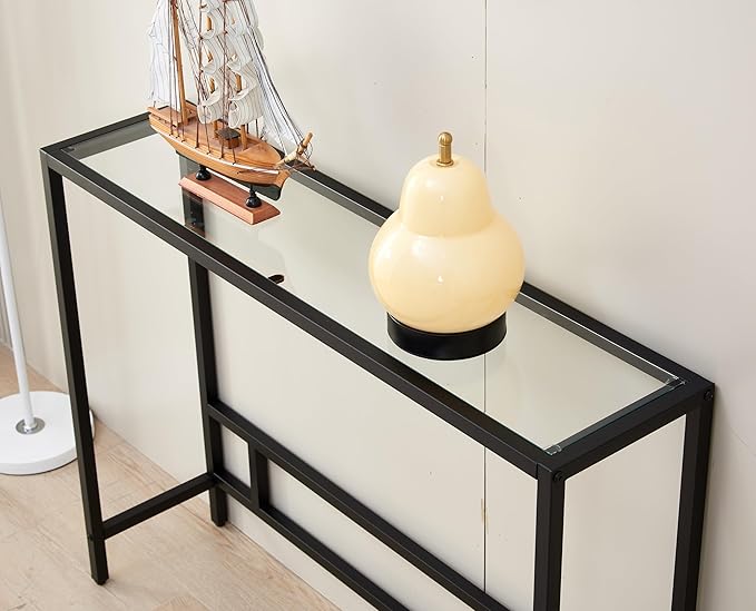 MAJARO Small Modern Console Table for Entryway, Tempered Glass with Metal Frame Sofa Table for Living Room, Hallway, Office (Single-Layer, Black)
