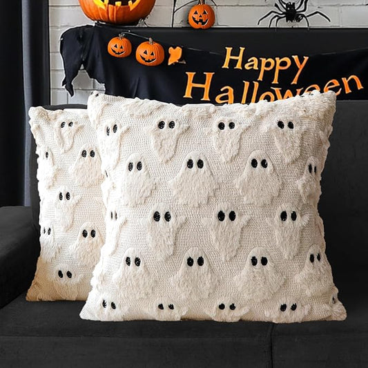 4TH Emotion Halloween Ghost Decorative Pillow Covers 16x16 Set of 2, Beige Soft Plush Faux Fur Farmhouse Throw Cushion Cases for Fall Autumn Holiday Home Decorations