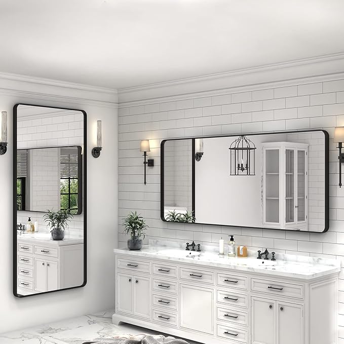 72x36 Black Bathroom Mirror for Wall, Matte Black Framed Bathroom Vanity Mirror, Large Rectangle Mirror, Rounded Corners, Anti-Rust, Shatterproof (Horizontal/Vertical)