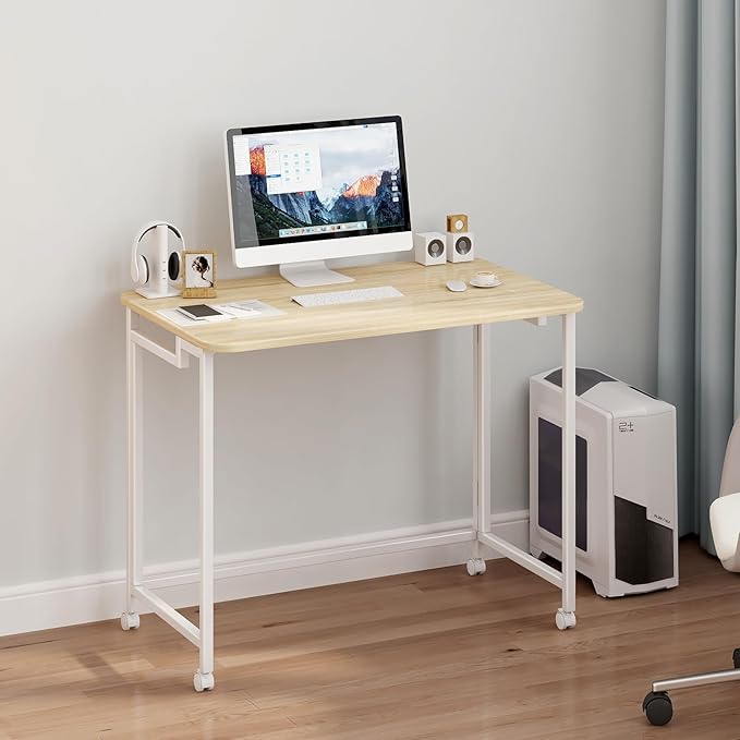 JSB Small Folding Computer Desk with Storage Bag and Hook Writing Modern Industrial Work Table Laptop for Home Office White (Natural & White, 31.5")