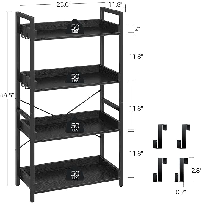 Rolanstar Bookshelf 4 Tier with 4 Hooks, Industrial Bookcase, Vintage Storage Rack with Open Shelves, Rustic Standing Bookshelves Metal Frame Display Rack for Living Room, Bedroom, Black