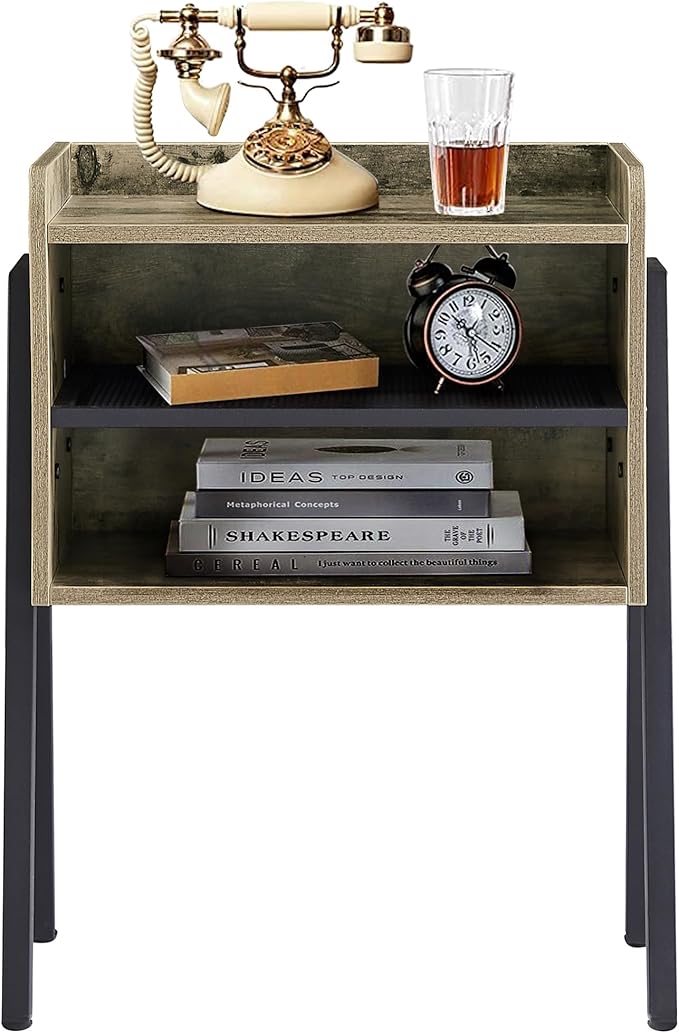 VECELO Night Stand Industrial End Table,Bedside Table with 2-Tier Open Storage Compartments for Bedroom, Living Room and Small Spaces