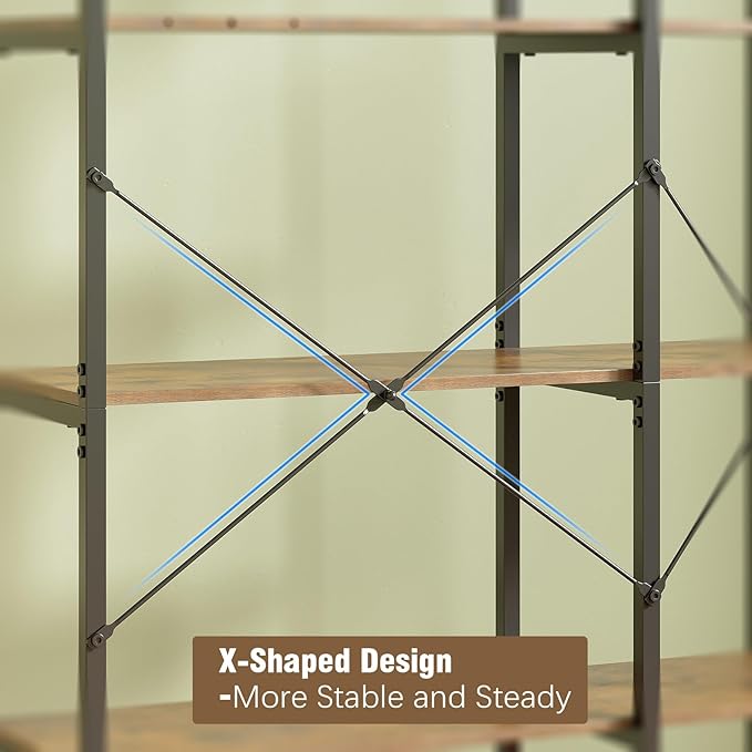 Tohomeor Bookshelf 5 Tier Deformable Corner Bookcase Free Standing Modern Industrial Book Storage Display Book Shelf for Bedroom Living Room Study Room Office (Brown)