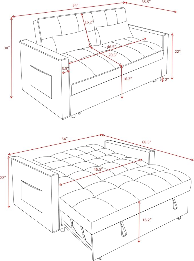 3 in1 Sofa Bed, Pull-Out Sleeper Sofa Bed with 3-Level Adjustable Backrest, Velvet Fabric Convertible Love Seat Sleepers Beds for Living Room & Bedroom & Apartment, Green