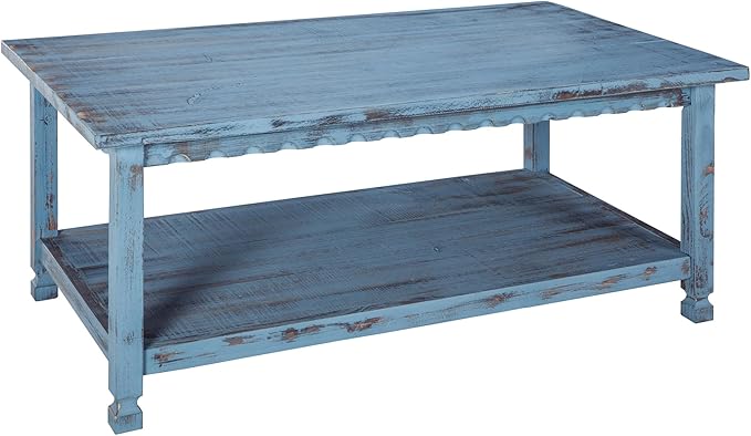 Rustic Rectangular Coffee Table, 42 in. W x 24 in. D x 18 in. H, Living Room Blue Antique, W/ (1) 36 in. W x 18 in. D x 10 in. H Shelf, Farmhouse/Cottage Style, Select Hardwood/Construction