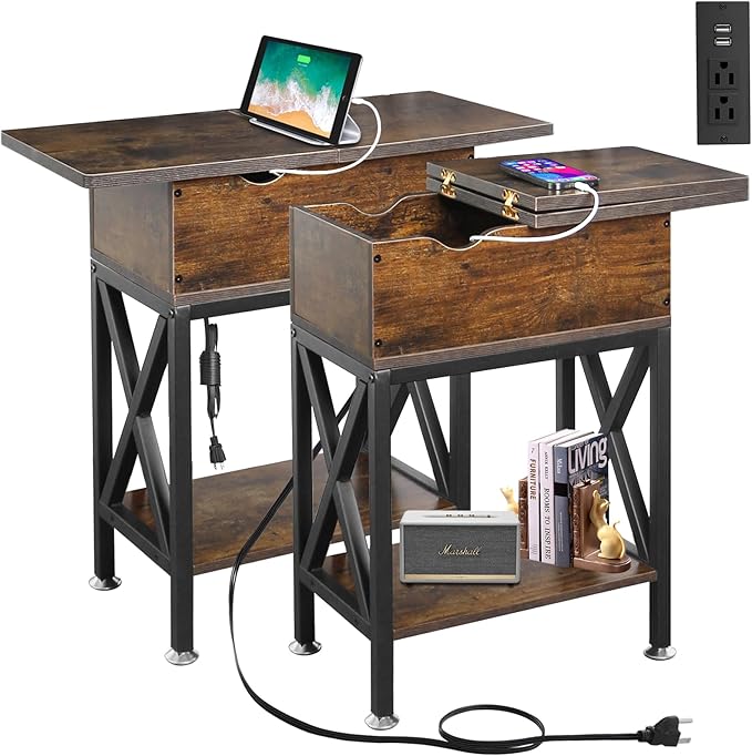 TooCust End Tables Living Room Set of 2, Side Table with Charging Station Flip Top, 11"D x 24"W x 23"H, Narrow Side Table with 5.3" Deep Drawer, Couch End Tables Set of 2, Steel X-Frame, Rustic Brown