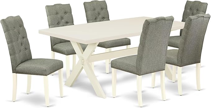 East West Furniture X027EL207-7 7 Piece Kitchen Table Set Consist of a Rectangle Dining Table with X-Legs and 6 Gray Linen Fabric Parsons Dining Chairs, 40x72 Inch, Multi-Color