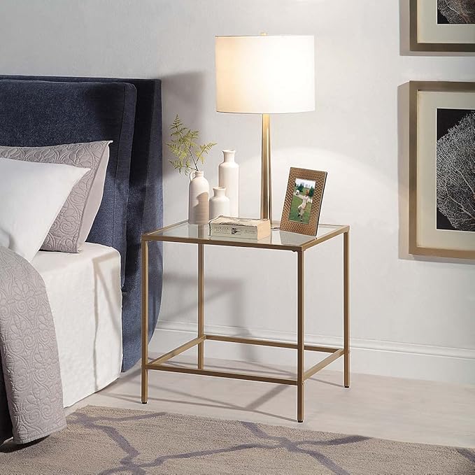 CAWS Gold End Table, Tempered Glass Rectangle Side Table with Stain Gold Metal Frame, Accent Table, Night Stand, Modern Minimalist Table for Living Room, Dining Room, Bedroom, Office or Outdoor