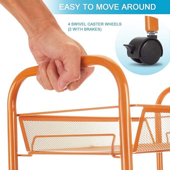3-Tier Metal Rolling Cart, Storage Shelf with Lockable Caster Wheels, Mobile Storage Cart Used for Kitchen, Bathroom, Livingroom(Orange)