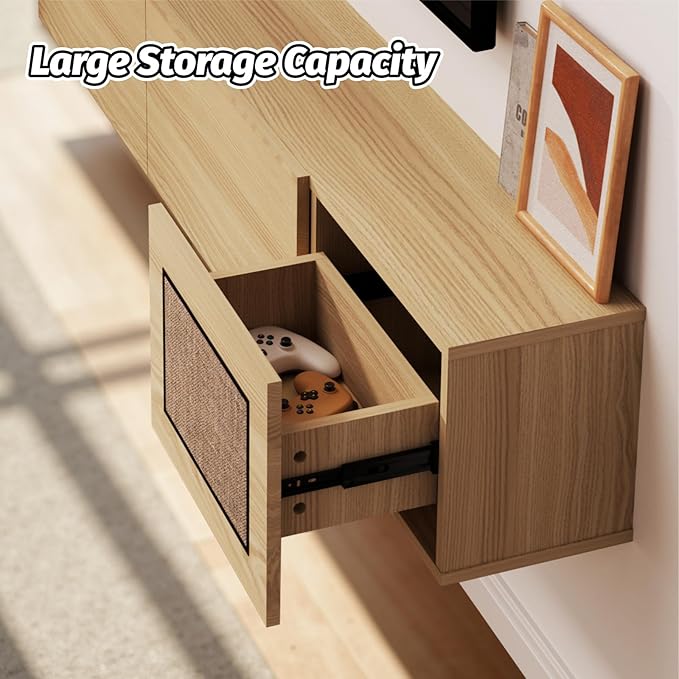 Pmnianhua Boho Floating TV Stand 70", Modern Wall Mounted Media Console with Cotton-Rayon Doors for Under TV Shelf,Entertainment Center,Living Room,Bedroom(Natural)