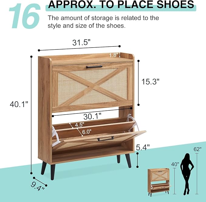 Shoe Storage Cabinet, Boho Shoe Organizer with 2 Flip Drawers & Rattan Design,Farmhouse Freestanding Hidden Slim Narrow Shoe Rack Cabinet for Entryway, Foyer,Hallway, Natural
