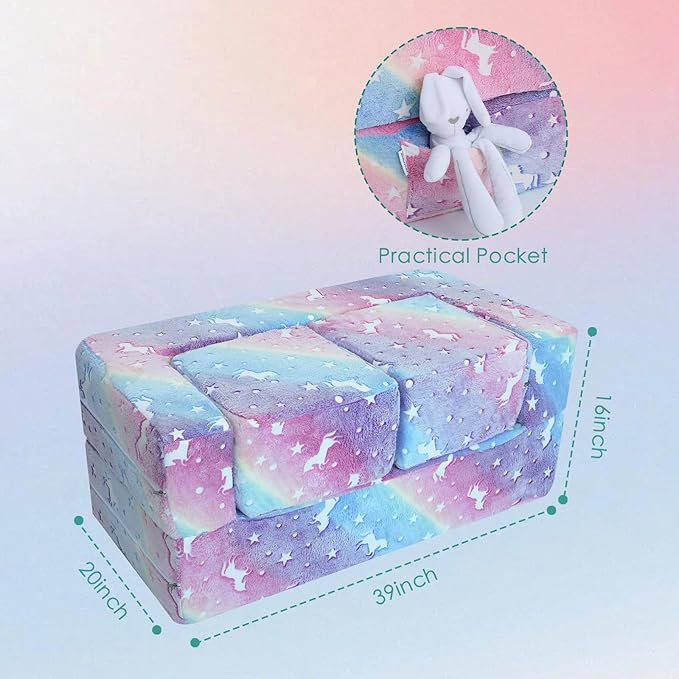 MeMoreCool Glow in The Dark Kids Couch, Rainbow Fold Out Toddler Sofa, Modular Play Couch for Bedroom and Playroom, Baby Sofa Kids Furniture
