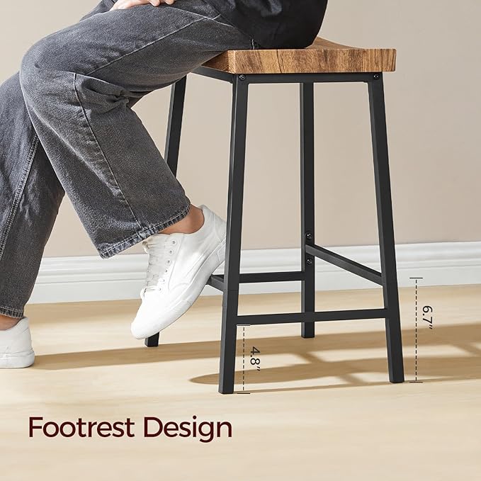 Bar Stools,Counter Height Bar Stools Set of 2, 23.7 Inch Saddle Stools with Footrest, Kitchen Stools, Industrial Style, for Dining Room, Counter, Bar, Rustic Brown and Black BAHR0801N1
