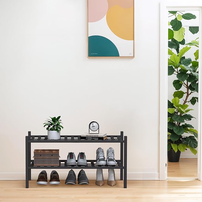 Haddockway Large 2 Tier Bamboo Shoe Rack Storage Organizer, Multifunctional Free Standing Stackable Shoe Shelf with Grid Panel for Closet,Hallway,Entryway,Small Space 27"x12"x14"(Black, 2-Tier(Large))
