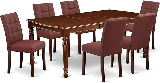 East West Furniture DOAS7-MAH-26 7 Piece Dining Table Set Contain A Dining Room Table and 6 Burgundy Polyester Fabric Upholstered Chairs, Mahogany