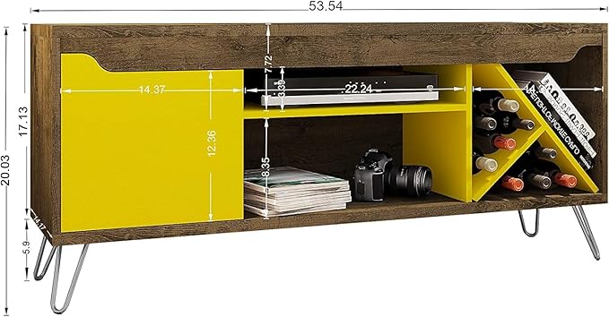Manhattan Comfort Baxter 53.54" Mid Century TV Stand for Bedroom and Living Room Use, Entertainment Center with Storage, Shelves and Wine Racks, Ideal for 46 to 50 Inch Screens, Rustic Brown/Yellow