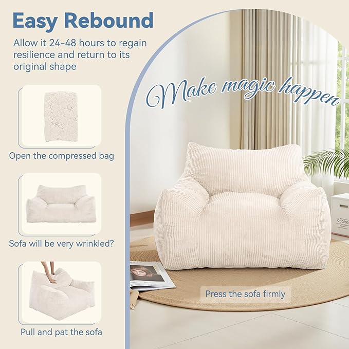 INMOZATA Bean Bag Chair for Adults, 3FT Beanbag Chair with Ottoman Pre-Filled Fluffy Lazy Chair Corded Fabric Accent Chair for Bedroom Living Room Dorm (Ivory)