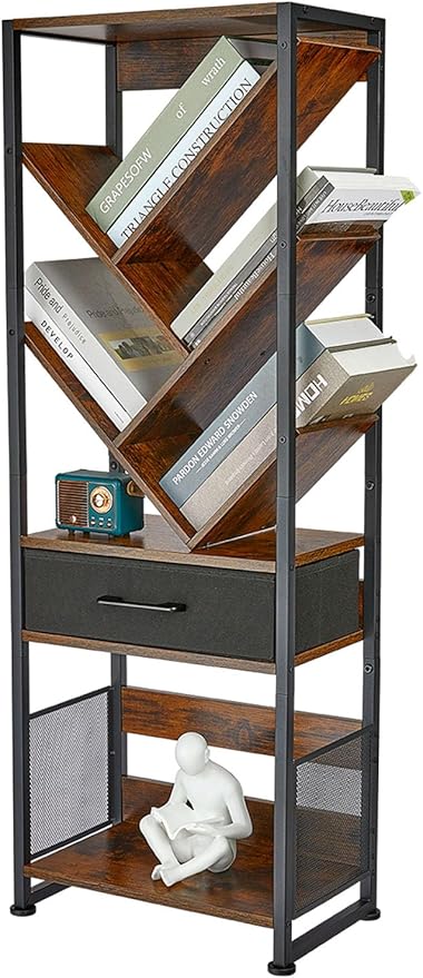 Bookshelf with Drawer,8 Tier Tree Bookcase Retro Floor Standing Bookshelves,Tall Wood Bookcases with Cabinet Storage Organizer for Living Room, Bedroom & Home Office, Classic