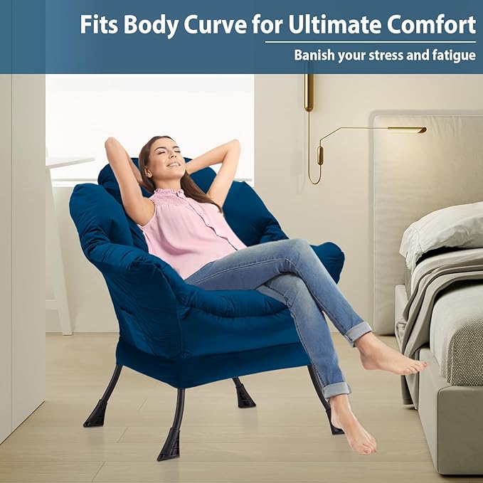 Lazy Chair Thick Padded, Comfy Velvet Accent Lounge Chair with Stable Frame, Leisure Sofa Armchair with Armrests and Side Pocket, Reading Chair for Bedroom, Living Room, Office, Blue