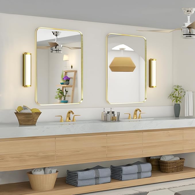 Wall Mount Mirror for Bathroom, Brushed Gold Metal Framed Rounded Corner Rectangular Vanity Mirror (16" x 20", Gold)