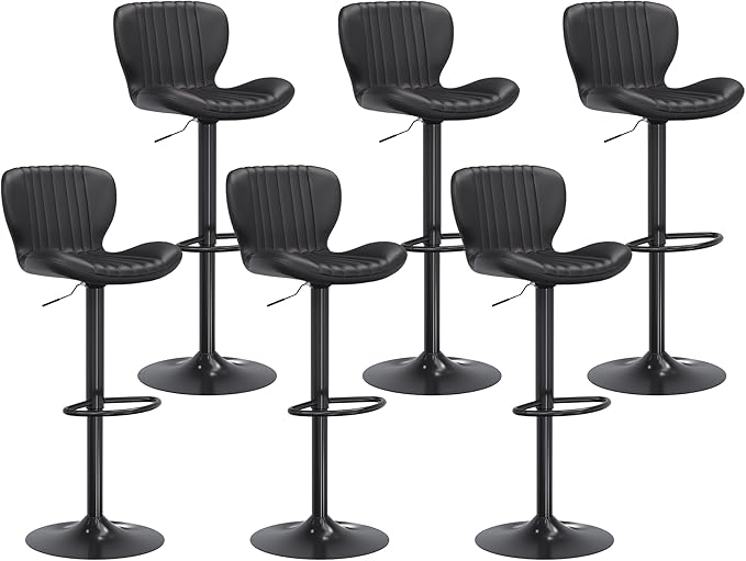 Shintenchi Bar Stools Set of 6 Modern Swivel Bar Chairs, Counter Height Faux Leather Metal Barstools, Upholstered Island Chairs with Back and Footrest, Black