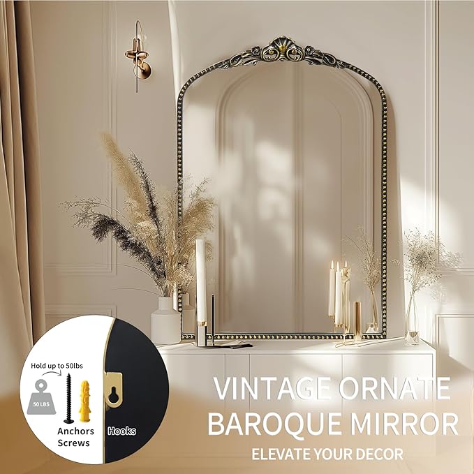 G-LEAF Vintage Baroque Mirror 24"X36", Victorian Antique Farmhouse Mantel Mirror with Black Brush Gold Ornate Metal Frame for Fireplace Entryway Living Room Hallway Bathroom