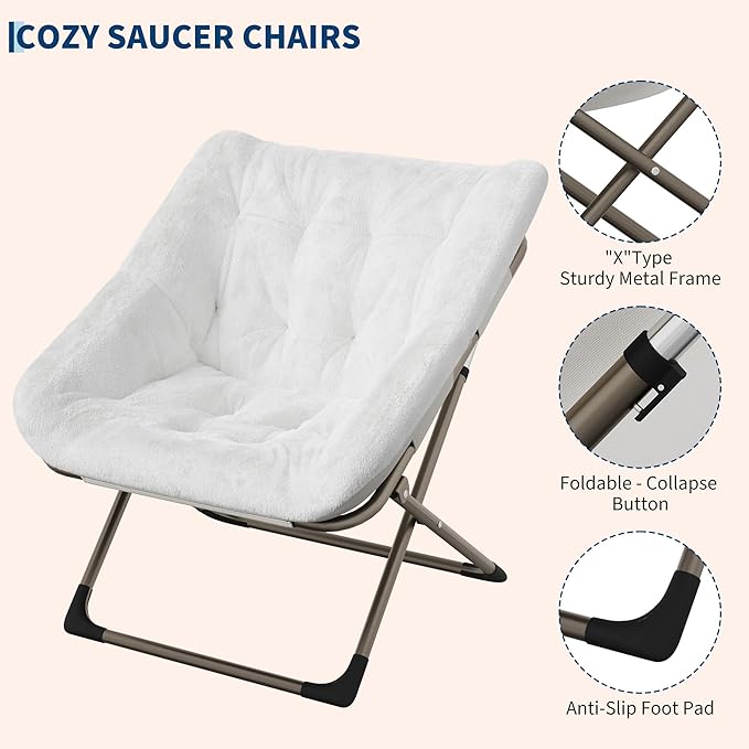 Comfy Chair for Adults, Foldable Living Room Chairs, Soft Faux Fur Folding Lounge for Bedroom Living Room Dorm Rooms, Flexible Reading Chair for Teens (1, White, X-Large)