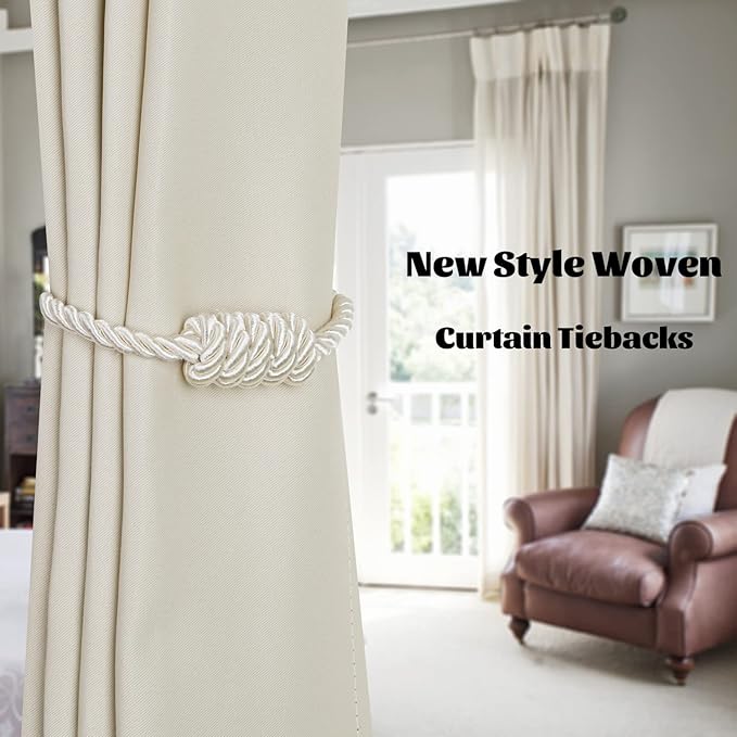 BEL AVENIR Magnetic Curtain Tiebacks, Decorative Drapery Holdbacks Modern Woven Tie-Backs with Exquisite Knot (Beige, 4 Pack)