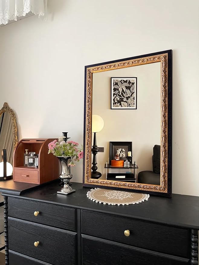 Vintage Gold Mirror 36”x24”, Black Decorative Mirror for Vanity with Gold Foil Carvings Solid Wooden Frame, Antique Handmade Aging, for Luxe Living Room, Entryway, Bathroom and Bedroom